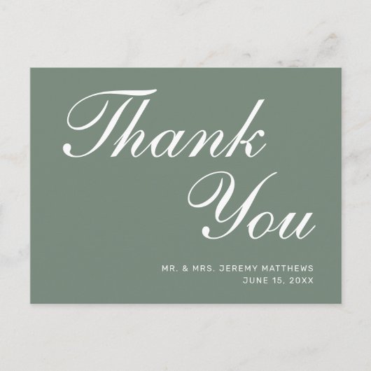Modern Sage Green White Script Wedding Vielen Dank Postkarte (Vorderseite)