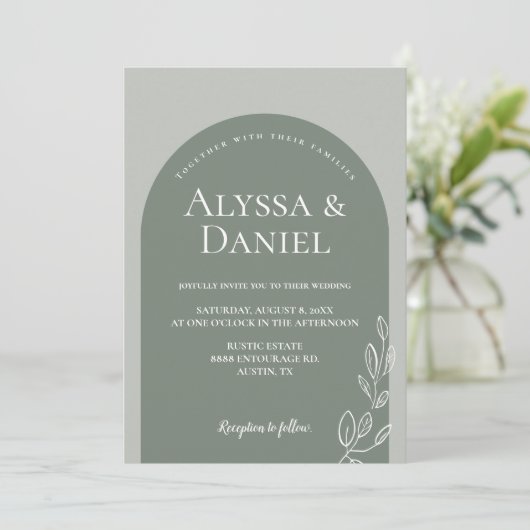 Modern Sage Green White Simple Arch Wedding Einladung (Stehend Vorderseite)