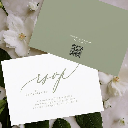 Modern Sage Green White Simple Wedding QR CODE RSVP Karte
