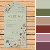 Modern Sage Green Wildblume Bouquet QR Code All In One Einladung