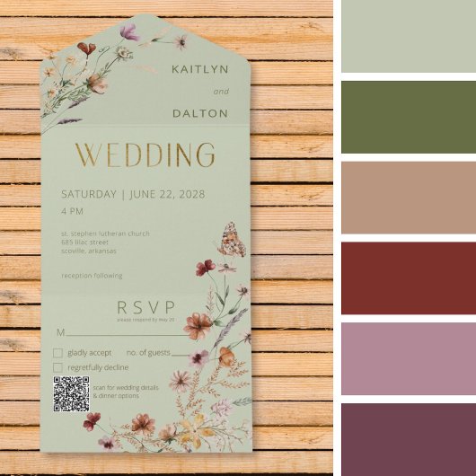 Modern Sage Green Wildblume Bouquet QR Code All In One Einladung