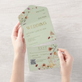 Modern Sage Green Wildblume Bouquet QR Code All In One Einladung (Abreißen)