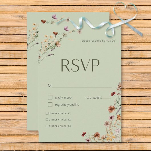 Modern Sage Green Wildblume Bouquet Wedding RSVP Karte