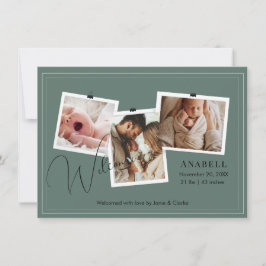 Modern Sage Green Zigzag 3 Photo Collage Birth  Ankündigung