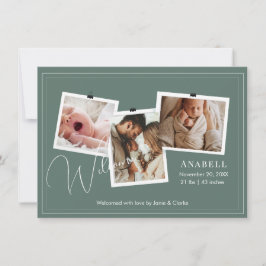 Modern Sage Green Zigzag 3 Photo Collage Birth Ankündigung