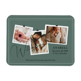 Modern Sage Green Zigzag 3 Photo Collage Birth Magnet