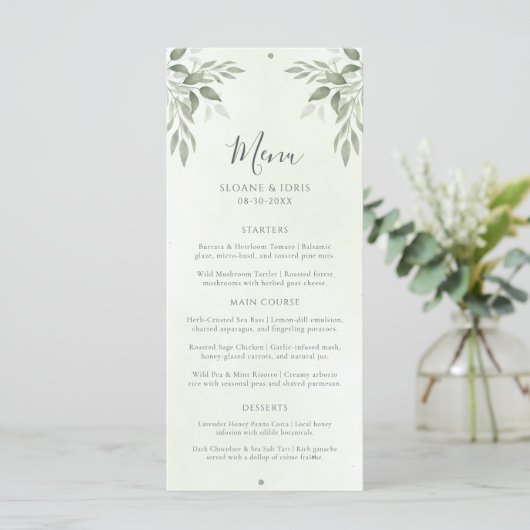 Modern Sage Greenery Botanical Wedding Menu Menükarte (Stehend Vorderseite)