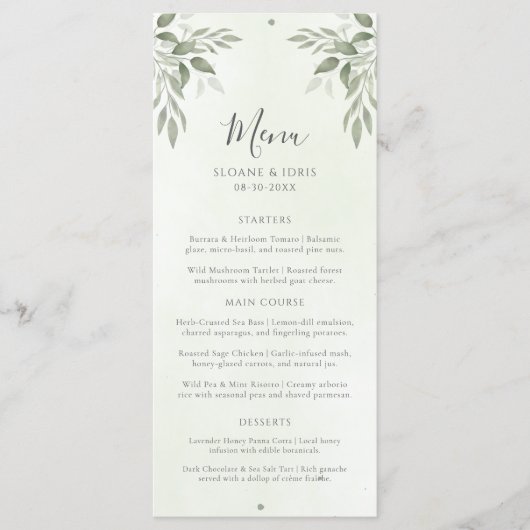 Modern Sage Greenery Botanical Wedding Menu Menükarte (Vorderseite)