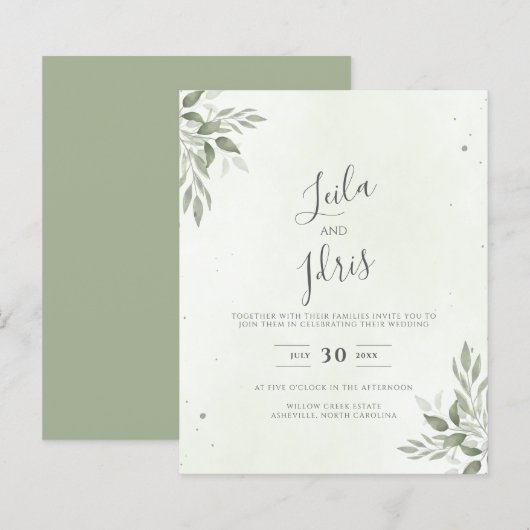 Modern Sage Greenery Budget Wedding Invitation (Vorne/Hinten)