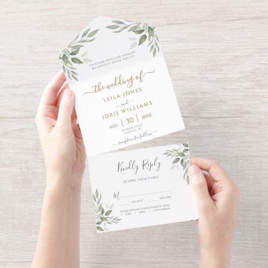 Modern Sage Greenery Gold Foil All-in-One-Einladung (Abreißstreifen)