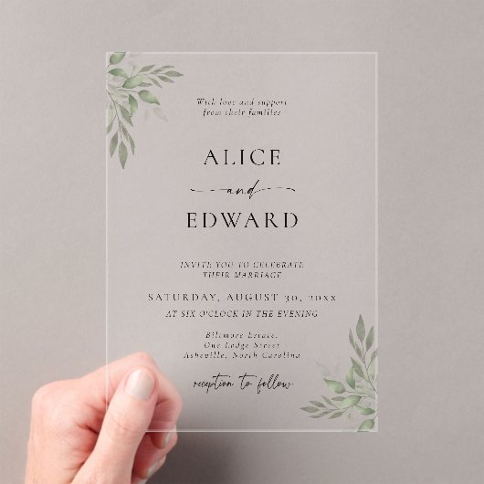 Modern Sage Greenery Wedding Acrylic Invitation Acryleinladungen (Insitu (Handheld))