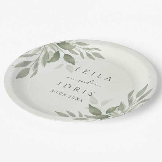 Modern Sage Greenery Wedding Paper Plates Pappteller (Schrägansicht)