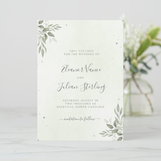 Modern Sage Greenery Wedding Save The Date (Stehend Vorderseite)