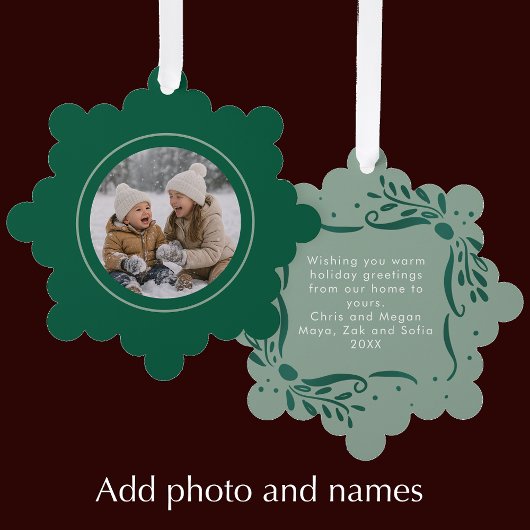 Modern Sage Hand Drawn Bows Christmas Photo Ornament Karte