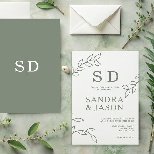 Modern Sage Line Art Foliage Hochzeit Einladung