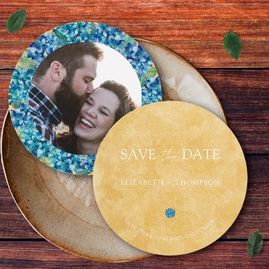 Modern Sand Blue Hydrangea Round Wedding Save The Date