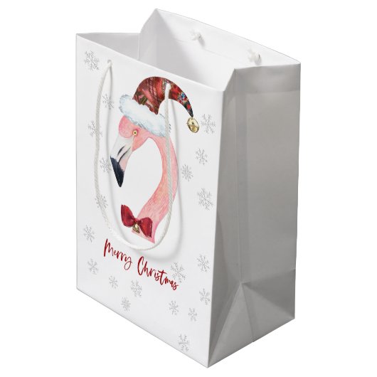 Modern Santa Flamingo Snowflake Weihnachten Mittlere Geschenktüte (Rückseite Schrägansicht)