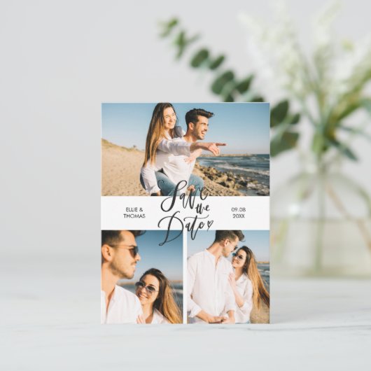 Modern Save the Date 3 Foto Collage Script Postkarte (Stehend Vorderseite)
