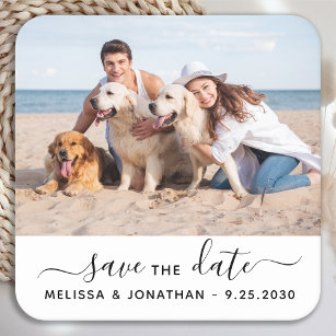 Modern Save the Date Couple Verlobung Pet Foto Rechteckiger Pappuntersetzer
