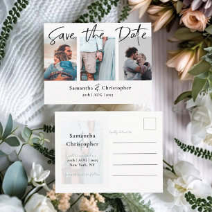 Modern Save the Date Elegant Script Photo Collage Ankündigungspostkarte