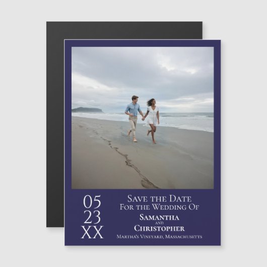 Modern Save the Date Foto Navy Blue Magnet (Vorne/Hinten)