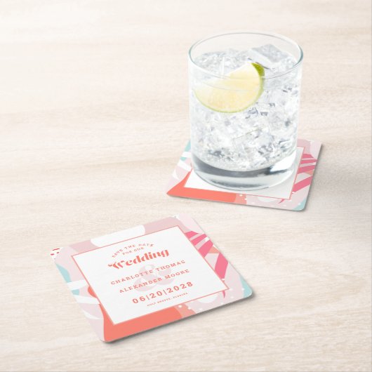 Modern Save the Date Hochzeitsmuster Korallen Aqua Rechteckiger Pappuntersetzer (Vor Ort)