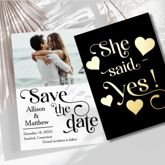 Modern Save the Date mit Foto - Sie sagte ja Folieneinladung