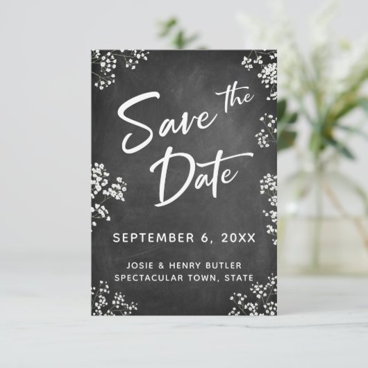 Modern Save the Date mit Gipskraut und Halbpension RSVP Karte (Stehend Vorderseite)