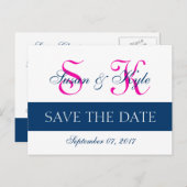 Modern Save the Date Navy Blue, Fuchsia (F400A1) Ankündigungspostkarte (Vorne/Hinten)