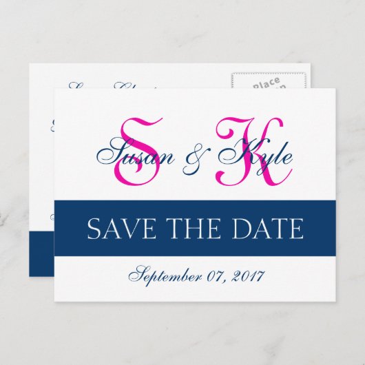 Modern Save the Date Navy Blue, Fuchsia (F400A1) Ankündigungspostkarte (Vorne/Hinten)