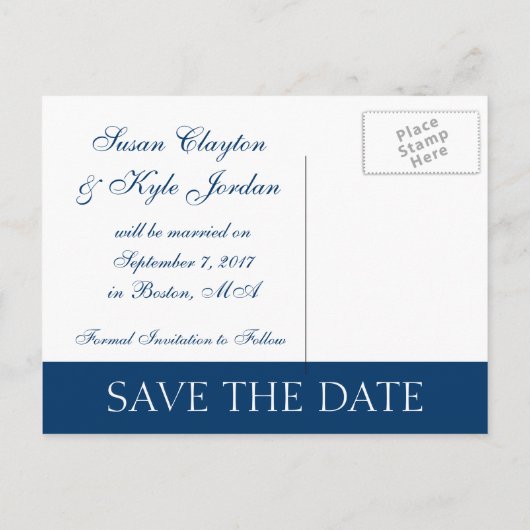 Modern Save the Date Navy Blue, Fuchsia (F400A1) Ankündigungspostkarte (Rückseite)