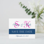 Modern Save the Date Navy Blue, Fuchsia (F400A1) Ankündigungspostkarte (Stehend Vorderseite)