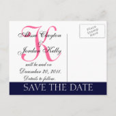 Modern Save the Date Navy Blue Pink Monogram Ankündigungspostkarte (Rückseite)