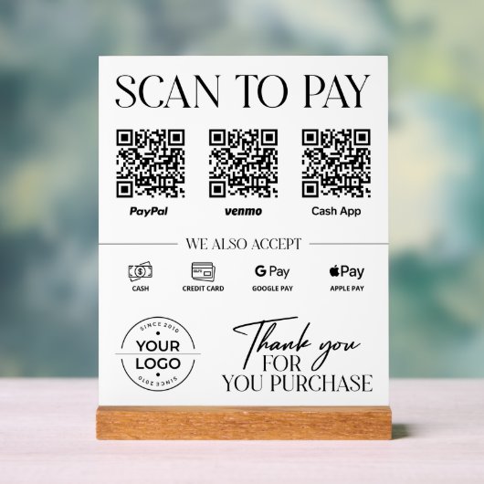Modern Scan to Pay Sign: PayPal, Venmo, Cash App Acrylschild (Neutral)