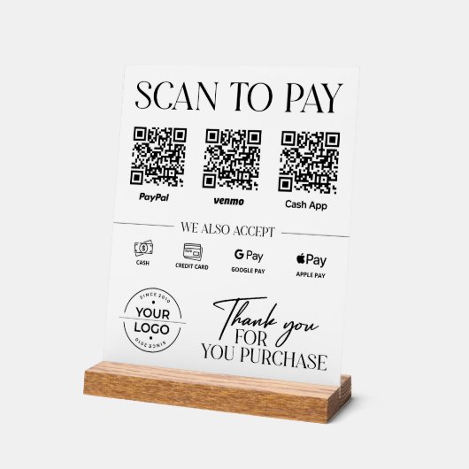 Modern Scan to Pay Sign: PayPal, Venmo, Cash App Acrylschild (Winkel)