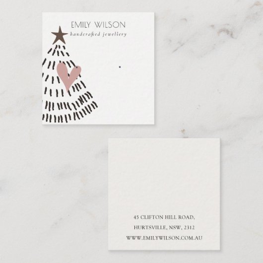 Modern Scandi Christmas Tree Heart Earring Logo Quadratische Visitenkarte (Vorne/Hinten)