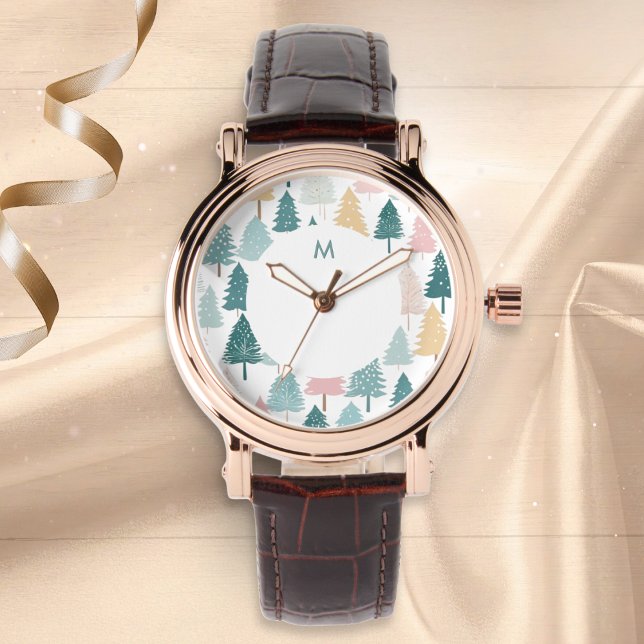 Modern Scandi Christmas Tree Pattern Monogram Armbanduhr (An elegant monogrammed wristwatch with Scandi-style modern Christmas trees pattern in pastel colors)