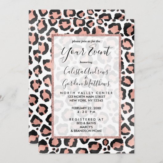 Modern schicke Black Rose Gold Foil Leopard Printi Einladung (Vorne/Hinten)