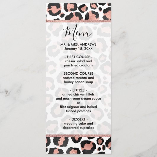 Modern schicke Black Rose Gold Foil Leopard Printi Menükarte (Vorderseite)
