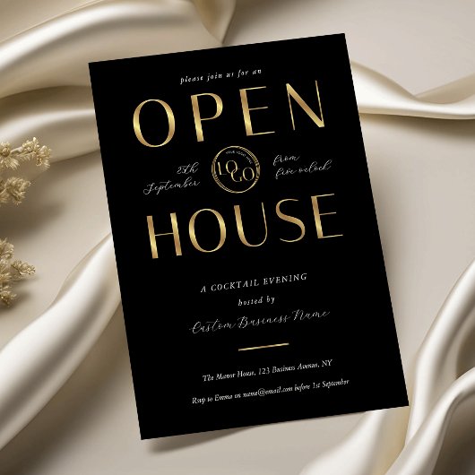 Modern Schwarz & Gold Open House Firmenlogo Einladung