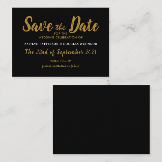 Modern Schwarz & Gold Save the Date Begleitkarte (Vorne/Hinten)