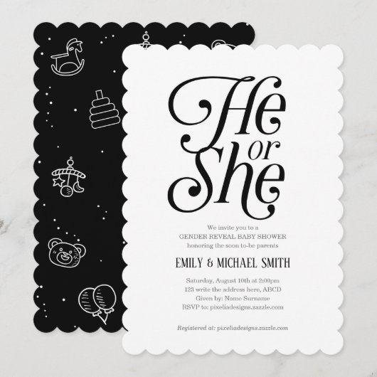 Modern, schwarz und weiß, Gender Reveal, Er oder s Einladung (Vorne/Hinten)