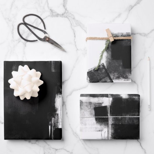 Modern Schwarz-weiß Grau Rustic Abstrakt s3 Geschenkpapier Set (Vorderseite)