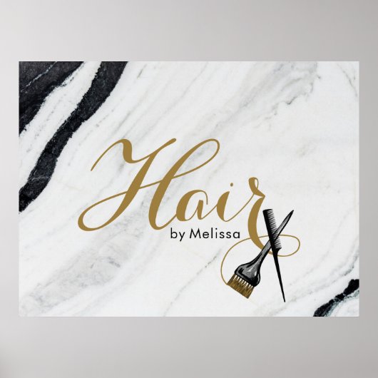 Modern Schwarz-Weiß-Marmor Gold Haare Stylist Poster (Vorne)