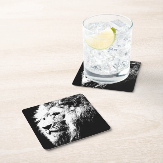 Modern Schwarz & Weiß Pop Art Lion Kopfvorlage Rechteckiger Pappuntersetzer (Vor Ort)