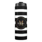 Modern Schwarz-weiß Strip Script Monogram Name Thermosbecher (Vorderseite)