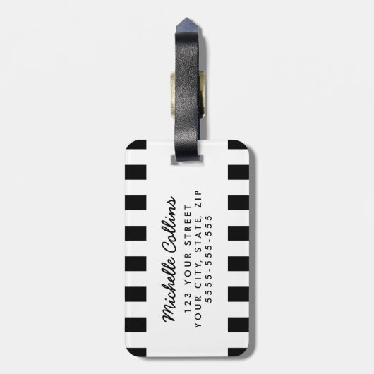 Modern Schwarz-weiße Streifen rosa personalisierte Gepäckanhänger (Rückseite vertikal)