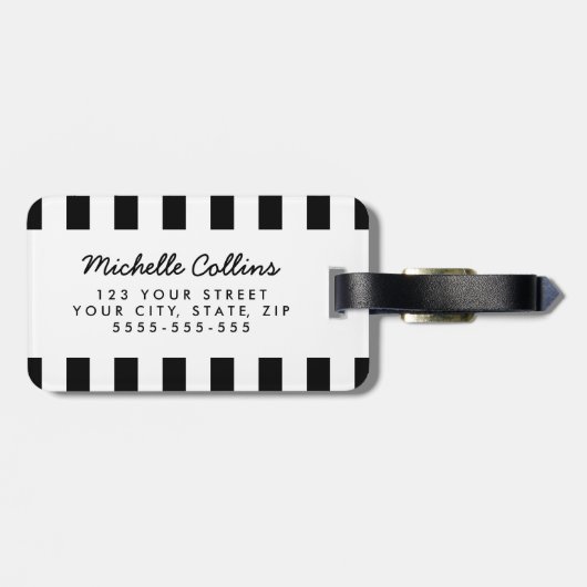 Modern Schwarz-weiße Streifen rosa personalisierte Gepäckanhänger (Rückseite horizontal)
