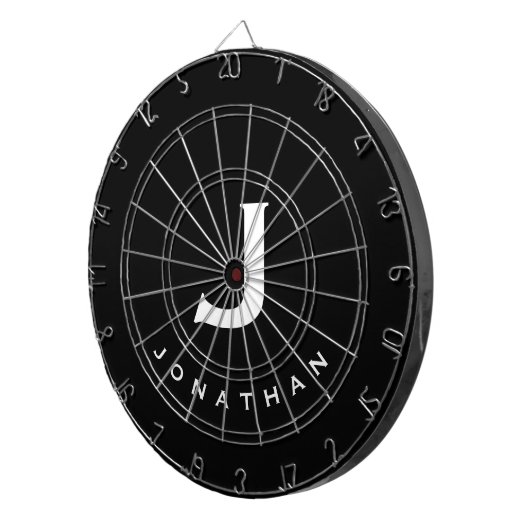 Modern Schwarz-weißer Monogrammname Dartscheibe (Vorderseite rechts)