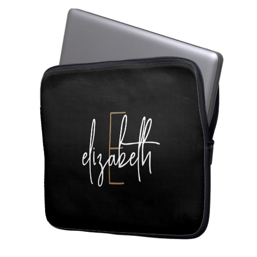 Modern Schwarz-weißer Monogrammname Laptopschutzhülle (Vorderseite Links)